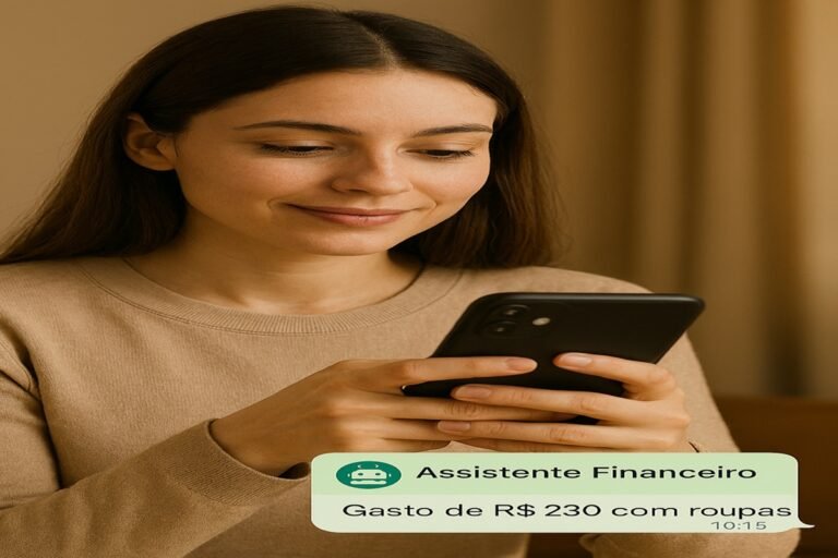 Mulher usando smartphone para registrar gasto com roupas em assistente financeiro via WhatsApp