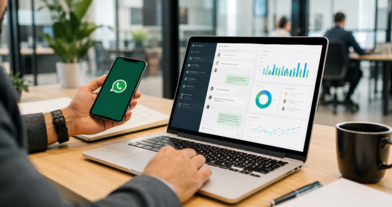Profissional utilizando o WhatsApp integrado a um CRM em notebook durante atendimento comercial, representando a centralização das conversas, automação de processos, organização do funil de vendas e aumento da produtividade da equipe.