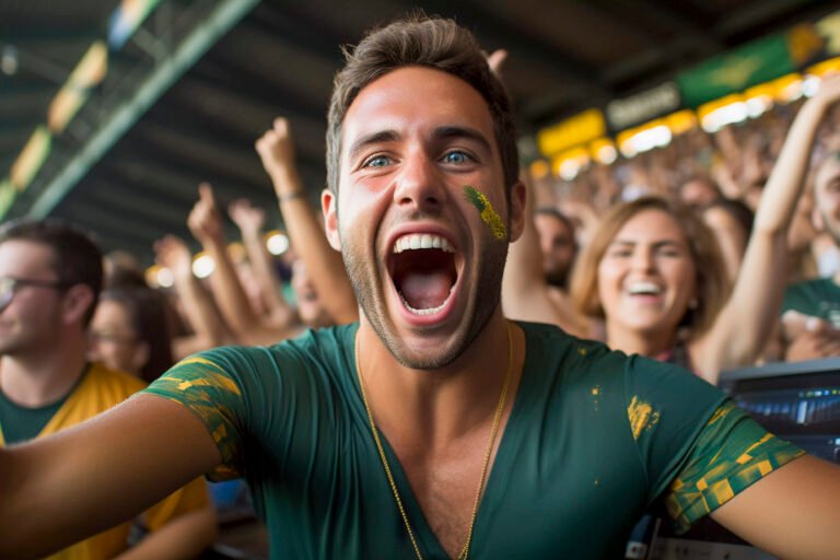 view ecstatic football fan with painted face enjoying match